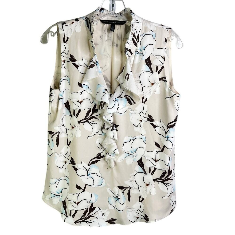 White House Black Market Top Wmns Small Cream Floral Ruffle Sleeveless‎ Classic